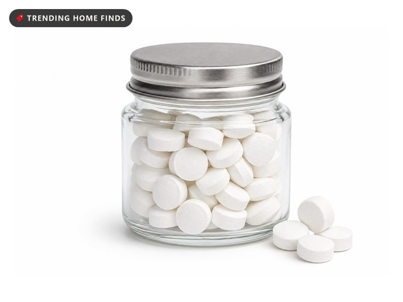 Glass jar of zero-waste toothpaste tablets with the lid off, on a white background