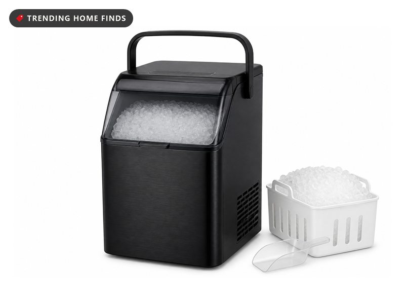 Black EUHOMY countertop nugget ice maker with a carry handle and a clear lid over a full basket of nugget ice, shown with a scoop and a removable basket