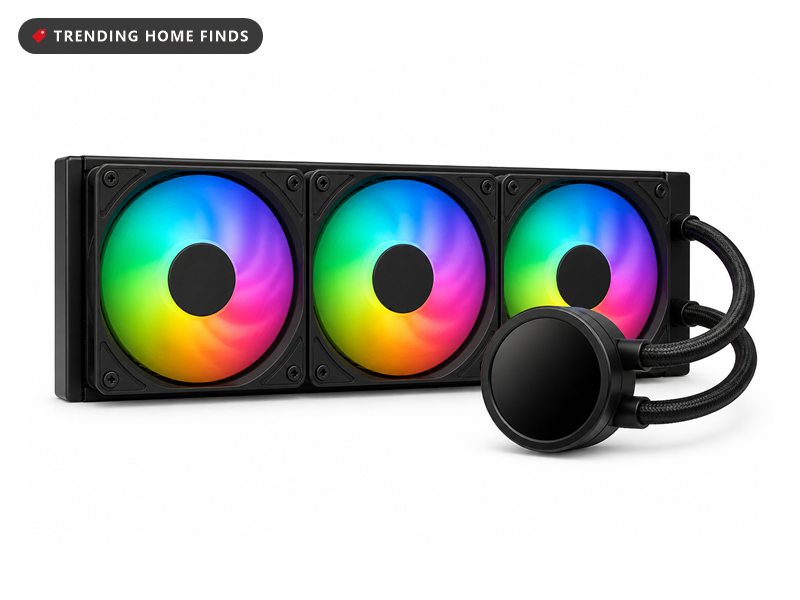 Black 360mm liquid cooler with a round pump display reading CPU 32 and Liquid 34, and three RGB ring fans on the radiator