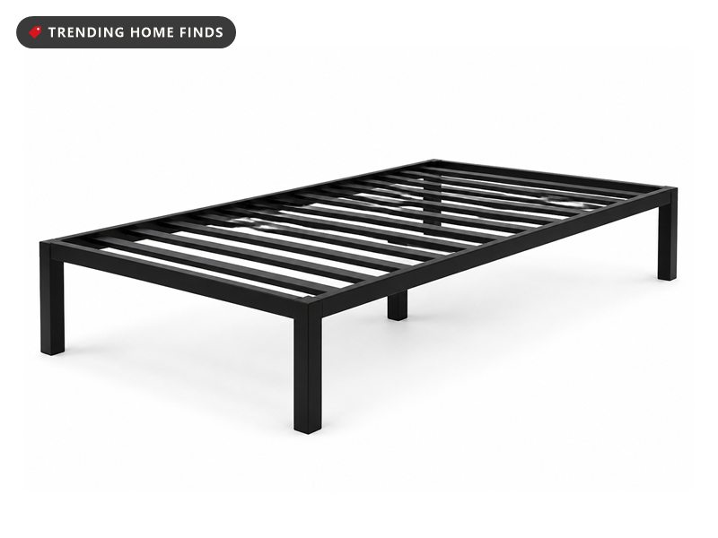 Black steel twin platform bed frame with flat steel slats, square legs and a tall open clearance beneath.