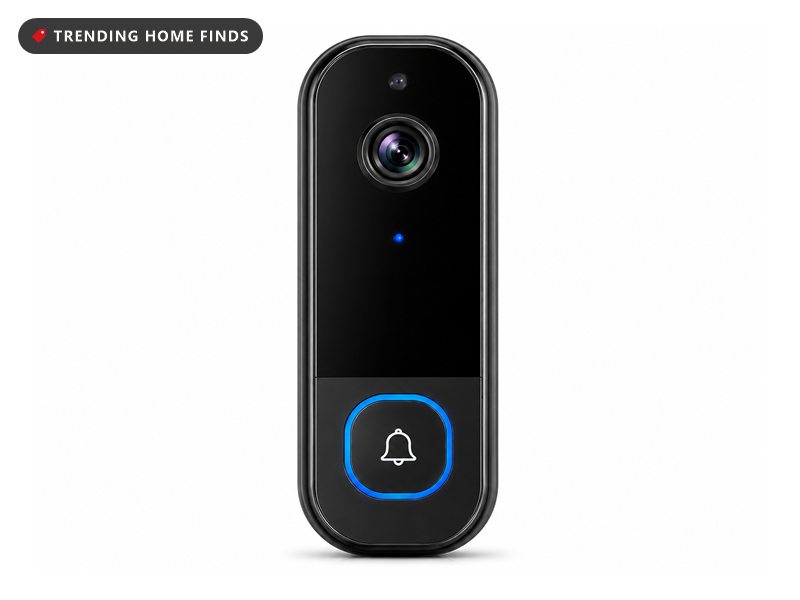 Black Orbitell wireless video doorbell with a round camera lens at the top and an illuminated blue ring around the button
