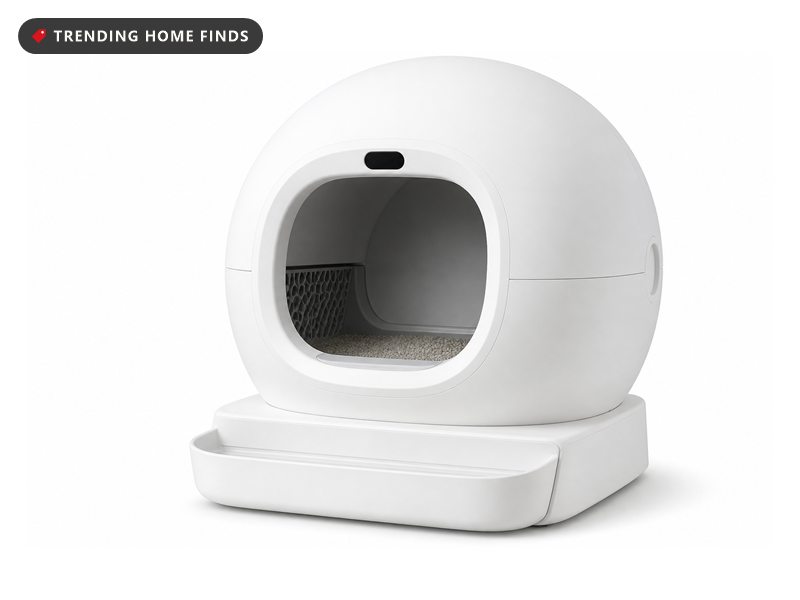 Large white self cleaning litter box with a rounded drum body and wide opening, on a white background.