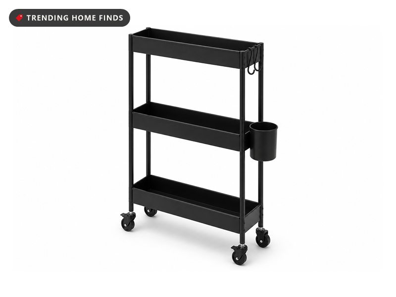 Slim black three tier rolling cart with four casters, side hooks and a clip on cup.