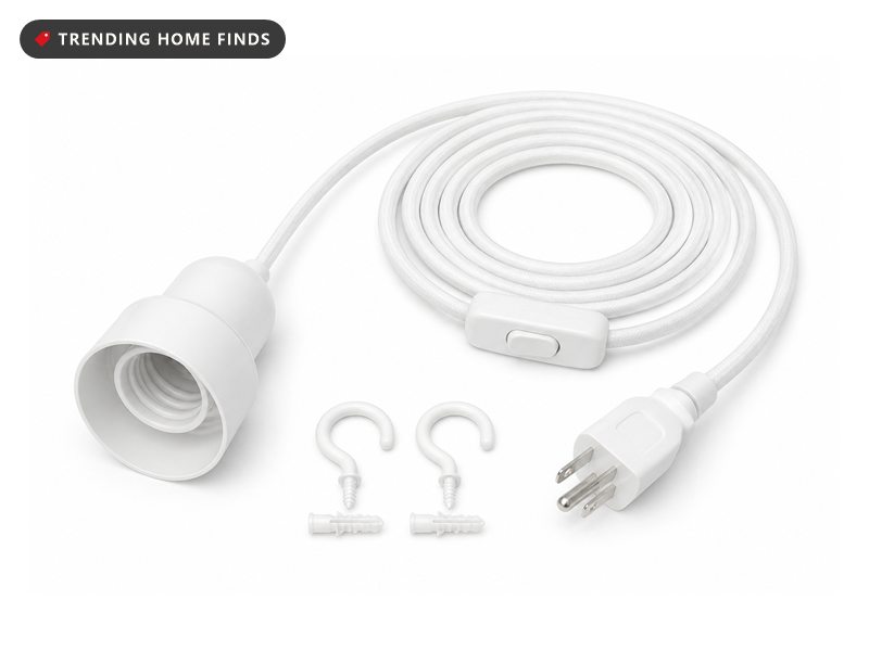 White swag pendant kit laid out: fifteen foot cord, inline rocker switch, plug, and two ceiling hooks.