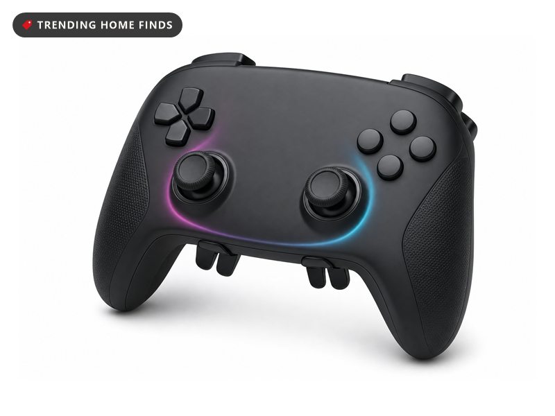 Black wireless game controller with mappable back buttons, on a white background