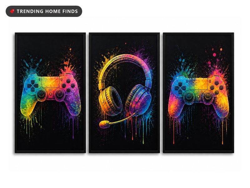 Three black canvas panels showing game controllers and a headset painted in bright neon colour splashes