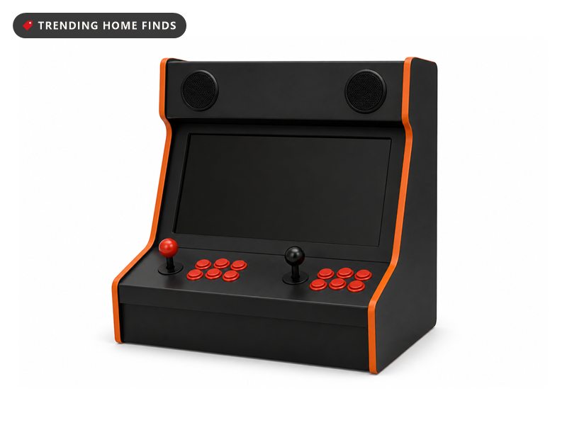 Bartop arcade cabinet in black with orange trim, two joysticks with red and black ball tops, red and black buttons, a built-in screen and two speaker grilles in the marquee