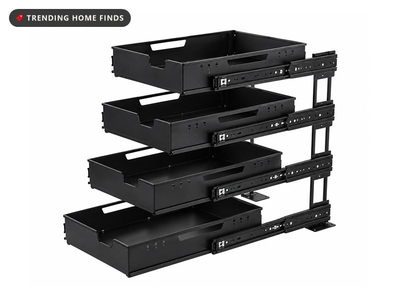 Four black expandable pull-out cabinet drawers stacked with their slide rails visible
