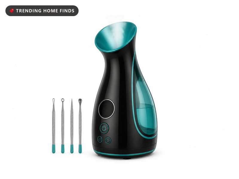 Black and teal nano ionic facial steamer releasing steam, next to its box and a five piece stainless steel skin kit