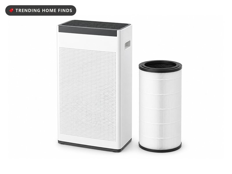 White PuroAir 400 tower air purifier with a black top control panel, shown beside its cylindrical replacement HEPA filter