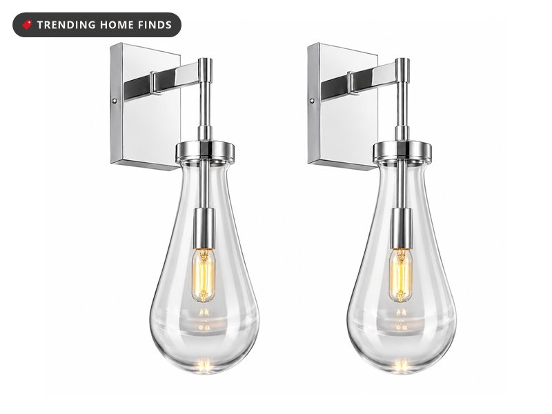 Pair of chrome wall sconces with clear teardrop glass shades