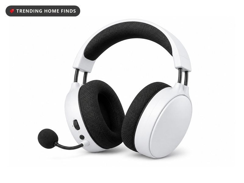 White Razer gaming headset with black fabric headband and ear cushions, a black boom microphone and the Razer logo on the earcup