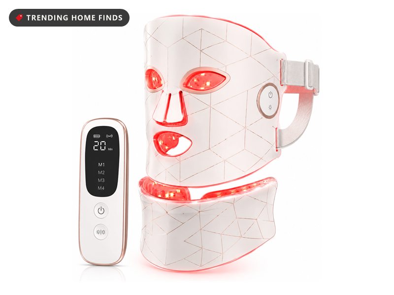 White LED red light therapy mask with a separate neck panel, both lit red, beside a handheld controller showing a 20 minute timer
