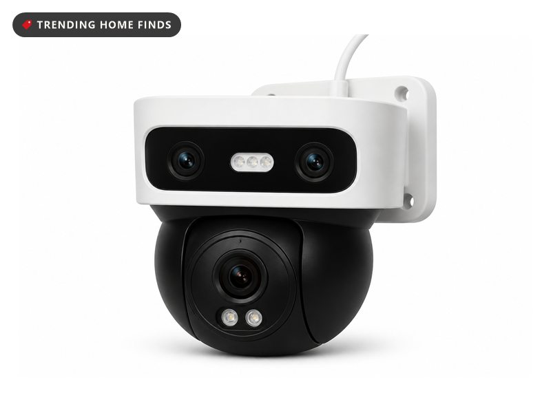 White and black outdoor security camera with a twin lens bar above a spherical pan and tilt module.