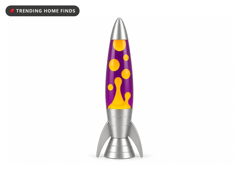 A tall retro rocket-shaped lava lamp glowing on a bedside table in a dim room, yellow wax drifting up through purple liquid.