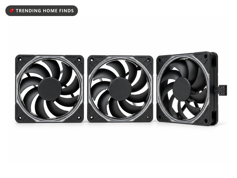 Three reverse-blade fans glowing in ring lighting inside a glass-sided PC case at night, the finished face of each turned out to the panel.
