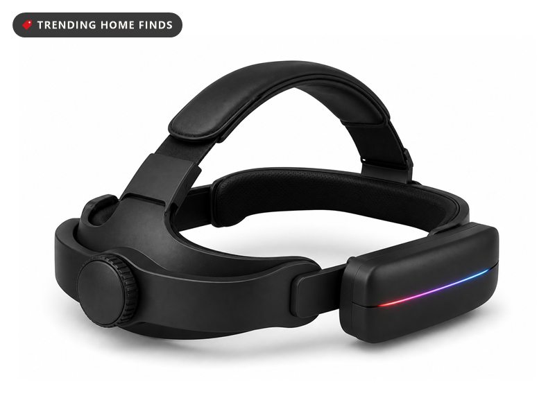 White RGB-lit head strap with a rear dial mounted on a Meta Quest 3 headset, a 12000 mAh battery figure shown below.