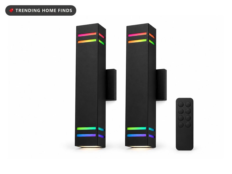 Two black outdoor wall lights with colorful light bands, shown with a phone app and remote