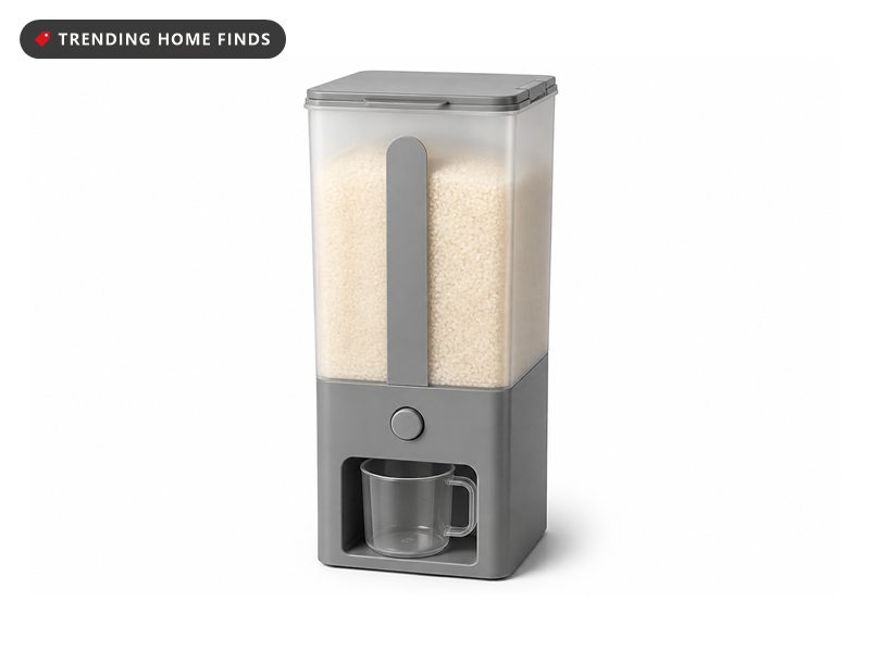 Grey Lifewit airtight rice dispenser marked 25 lbs, full of rice, with a press dispensing chute and measuring cup at the base
