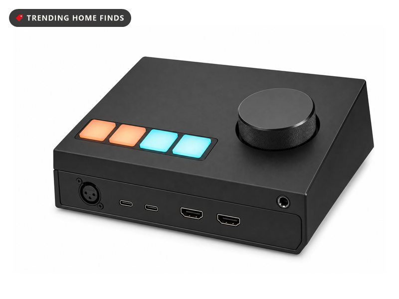 Compact black audio interface and capture card with four lit smart pads, on a white background