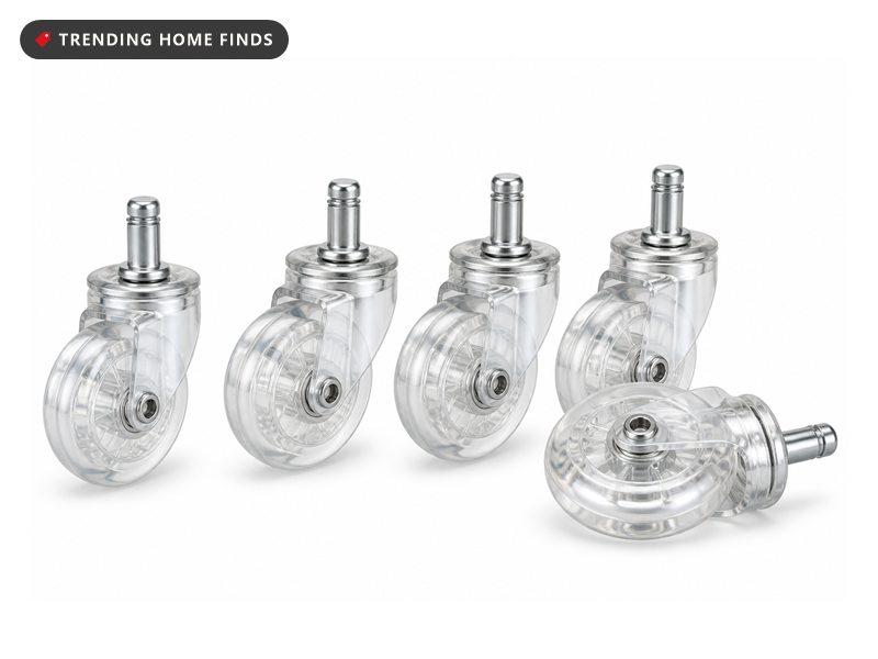 Set of rollerblade-style office chair caster wheels, on a white background