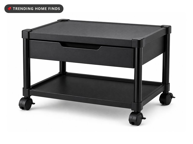 Black two tier printer cart with a moulded top platform, a storage drawer beneath it, a lower shelf and four swivel castors.