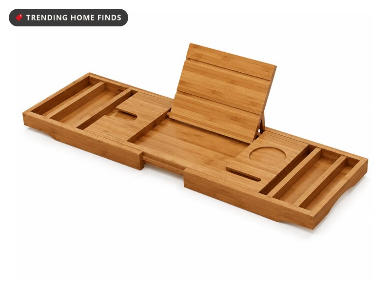 Expandable bamboo bathtub tray with a book stand and glass slot