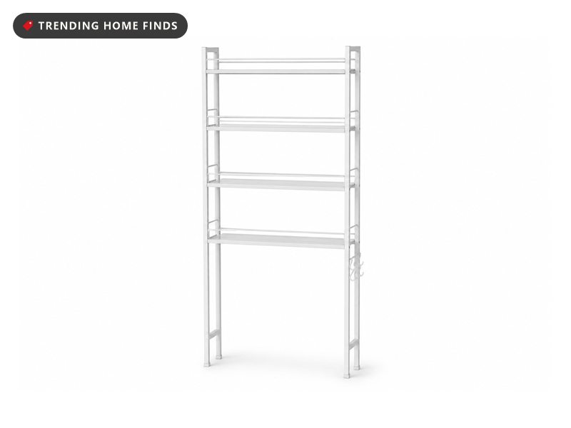 Tall white steel four tier shelving unit designed to stand over a toilet, with hooks on one upright.
