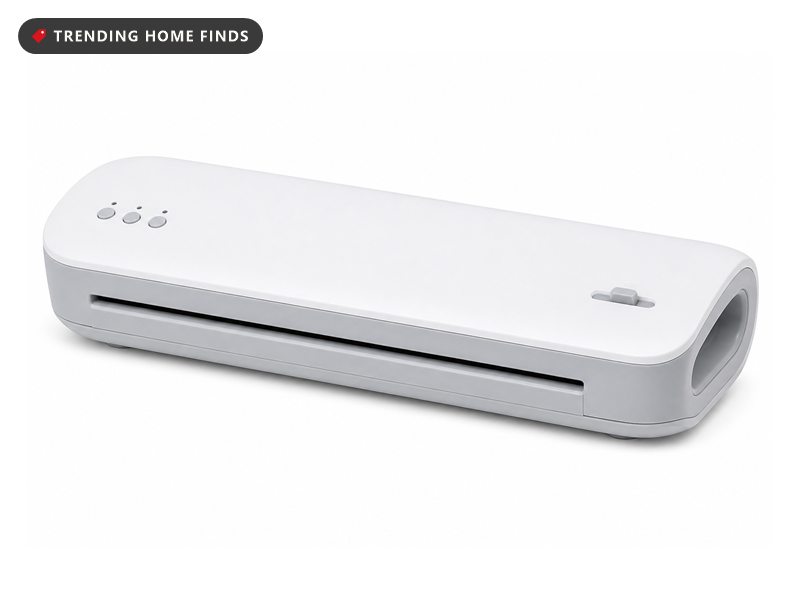 Long white and grey thermal laminator with an oval carry handle and three round buttons.