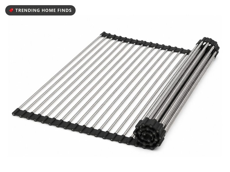 Stainless steel roll up dish drying rack with silicone wrapped rods, shown flat on a white background.