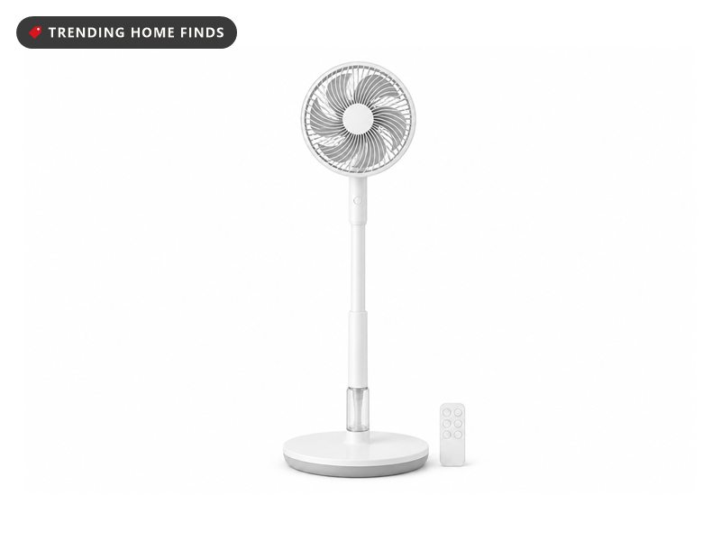 Shark FlexBreeze fan shown as a tall pedestal fan emitting mist and as a compact tabletop unit, with its remote