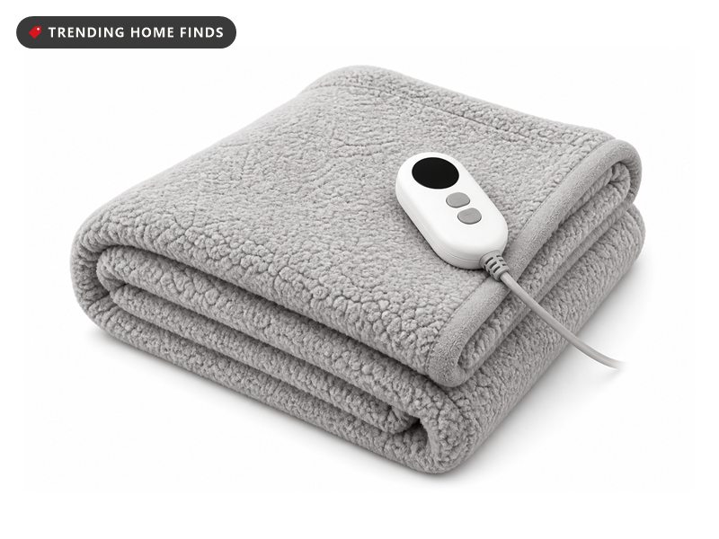 Folded gray sherpa heated throw blanket with its white controller resting on top