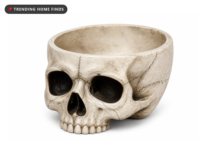 A bone colored resin skull with the cranium hollowed into an open bowl, deep eye sockets and upper teeth.