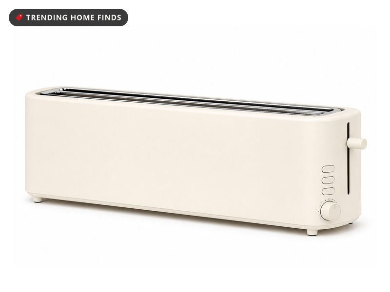 Cream Bella slim two-slice toaster with a long top slot, a browning dial and cancel, reheat and defrost buttons down the front