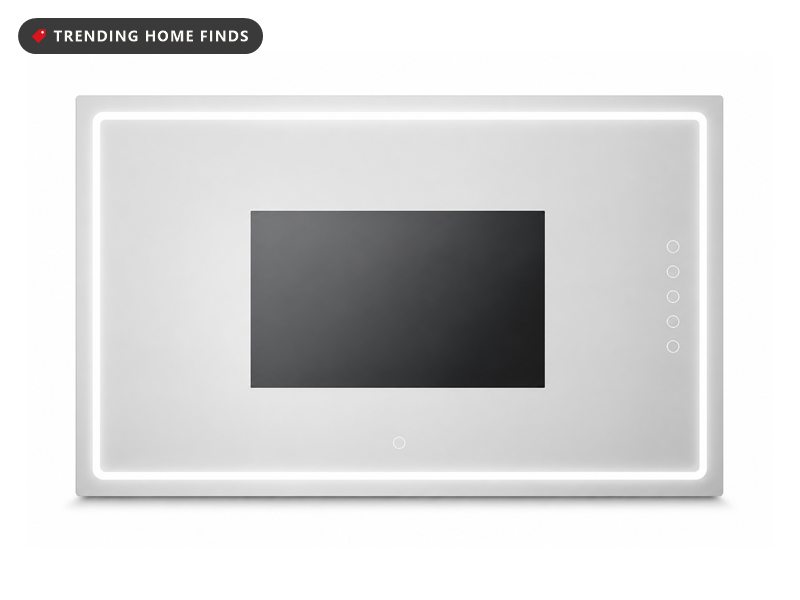 Backlit LED bathroom mirror with a built-in touchscreen showing streaming apps, a clock and the weather