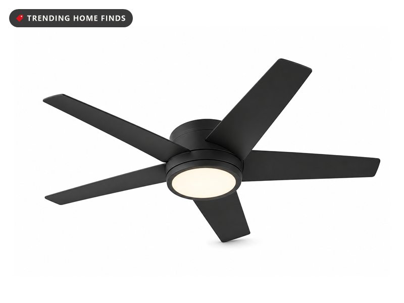Black flush-mount smart ceiling fan with an integrated dimmable LED light panel, on a white background