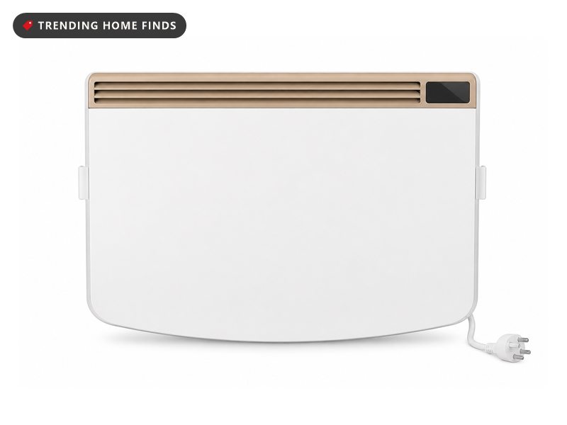 Slim white wall mounted panel heater with a champagne vent strip across the top and a small digital temperature readout.