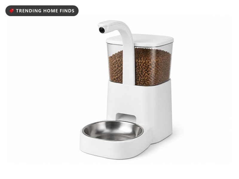 Tall white automatic pet feeder with a clear kibble hopper, a curved camera arm and a stainless bowl.
