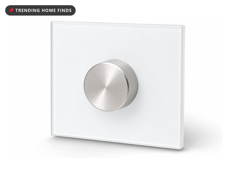 Round smart rotary dimmer switch with a glass dial and wall plate, on a white background