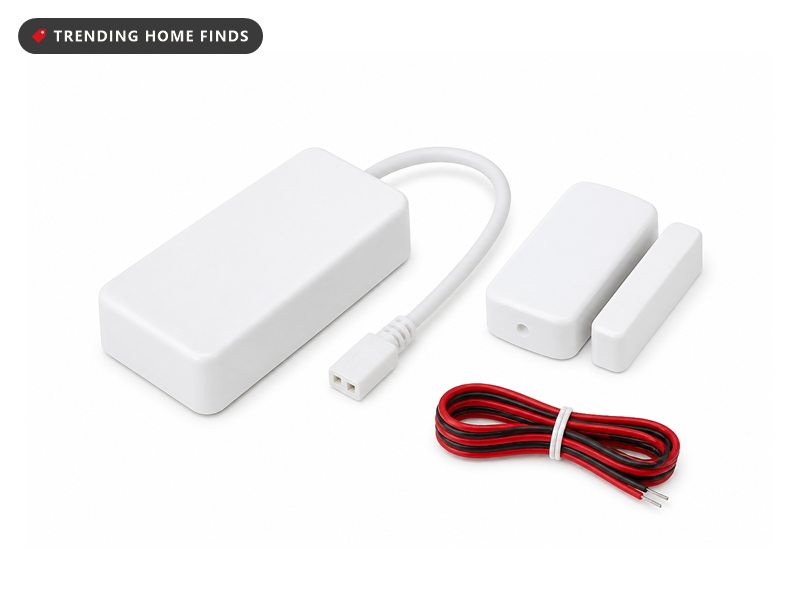 Smart garage controller kit: a small white wifi box, a white door sensor and a coil of two-core wire.