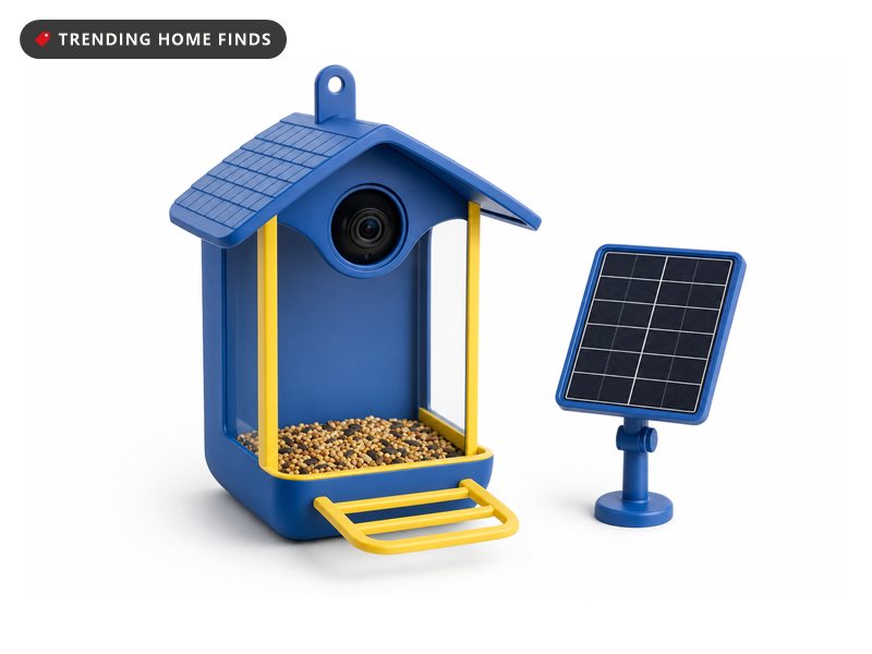 Blue and yellow smart bird feeder with a built-in camera and separate solar panel, on a white background