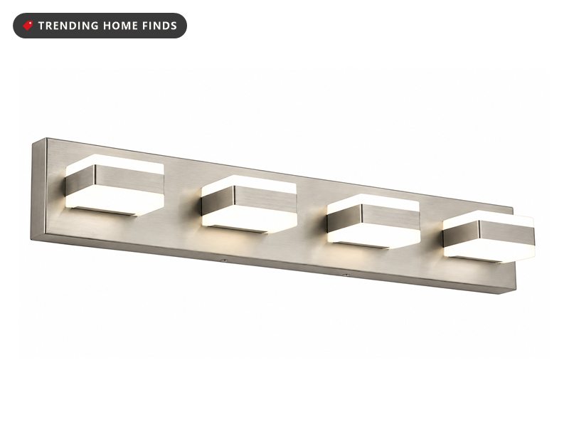Brushed nickel four-light bathroom vanity light bar with square frosted glass shades