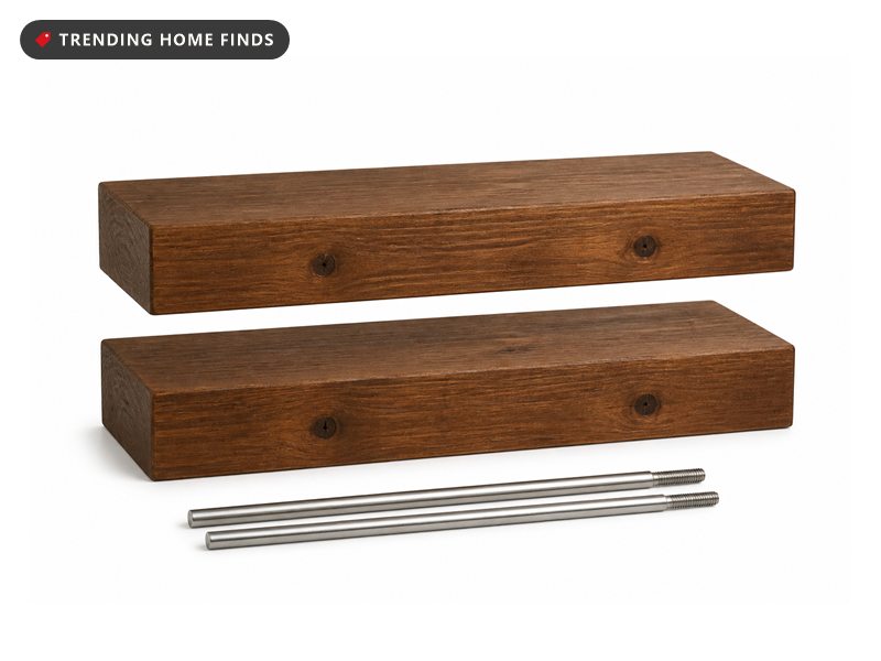 Two thick solid pine shelves in a warm walnut finish, stacked one above the other with slim steel mounting rods in front.