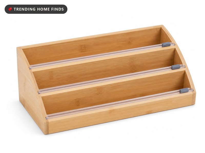 Bamboo three slot wrap and foil dispenser box with slide cutters, shown on a white background.