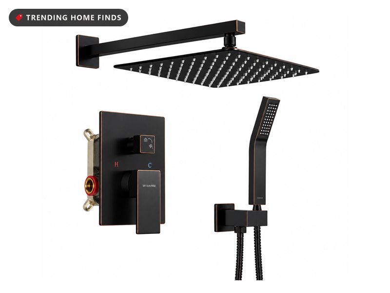 Matte black square rain shower head on a wall arm, with a handheld sprayer, hose and a black pressure balance valve trim