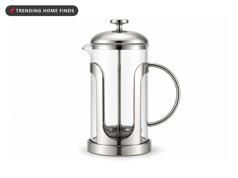 A glass French press with a polished stainless steel frame, lid and plunger.
