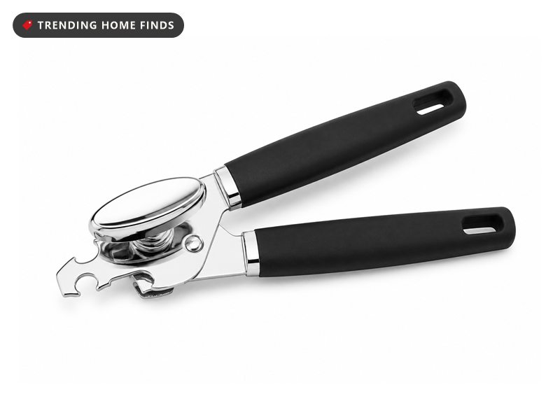 Manual can opener with a polished stainless head, large oval turn knob and matte black soft grip handles.