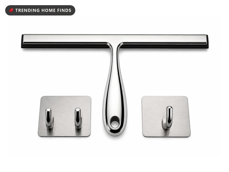 A polished steel squeegee with a black silicone blade shown with two stainless adhesive hooks.