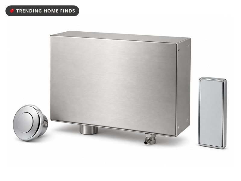 Stainless steel steam shower generator box shown with its chrome steam head and blank-faced controller panel.