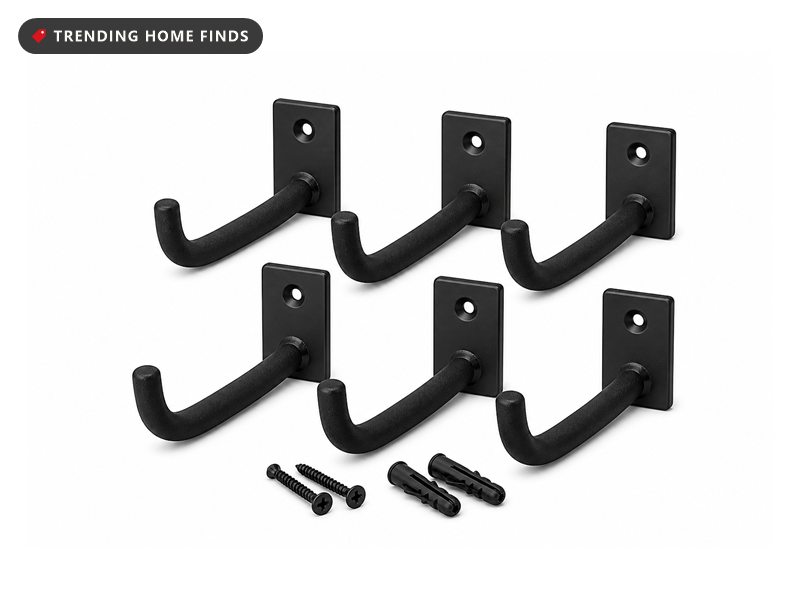 Black steel storage hooks in several sizes with reinforced mounting plates and non slip coating.